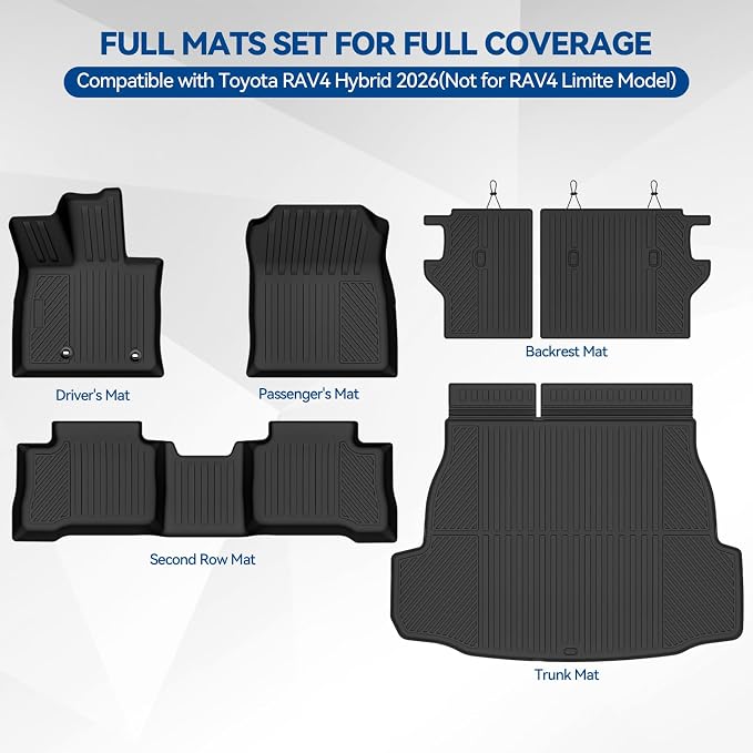Custom Fit Floor Mats for Toyota RAV4 Hybrid 2026(Not for Phev) | (Not for Cargo Area with subwoofer) All Weather TPE Floor Liners & Trunk Mat & Backrest Mats | Full Set Interior Accessories