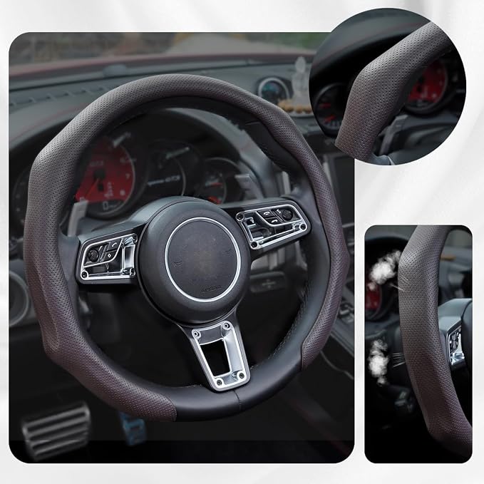 Nappa Leather Car Steering Wheel Cover Non Slip Vehicle Steering Wheel Cover Protector Quick Install Comfy Automotive Interior Decor Universal fit 14½ to 15 inches Pickup SUV, Mocha Brown