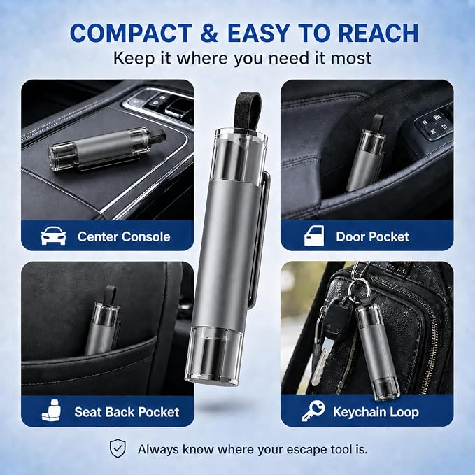 Window Breaker Seatbelt Cutter, 2-in-1 Car Glass Window Breaker Tool, Safety Hammer with Test Glass, Spring Loaded Emergency Escape Hammer for Sinking Cars, Flood Rescue 4PCS(Grey)