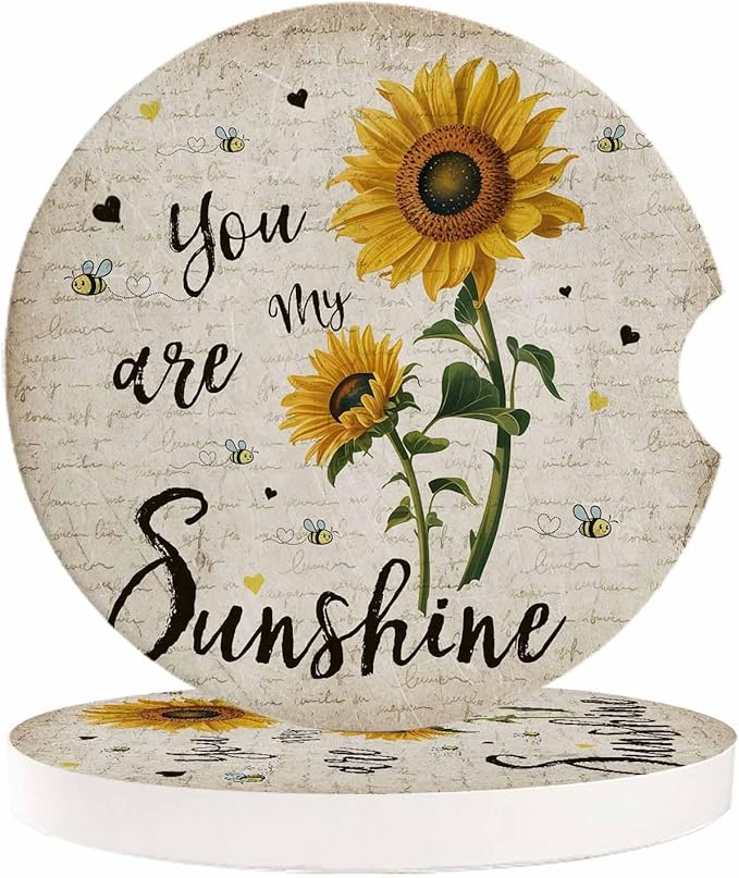 Small Car Coasters for Cup Holders 2.65" Absorbent 6 Pack Car Coaster Ceramic Stone for Drinks Absorb Water Drops You are My Sunshine Sunflower and Bee Letter Texture Retro Style