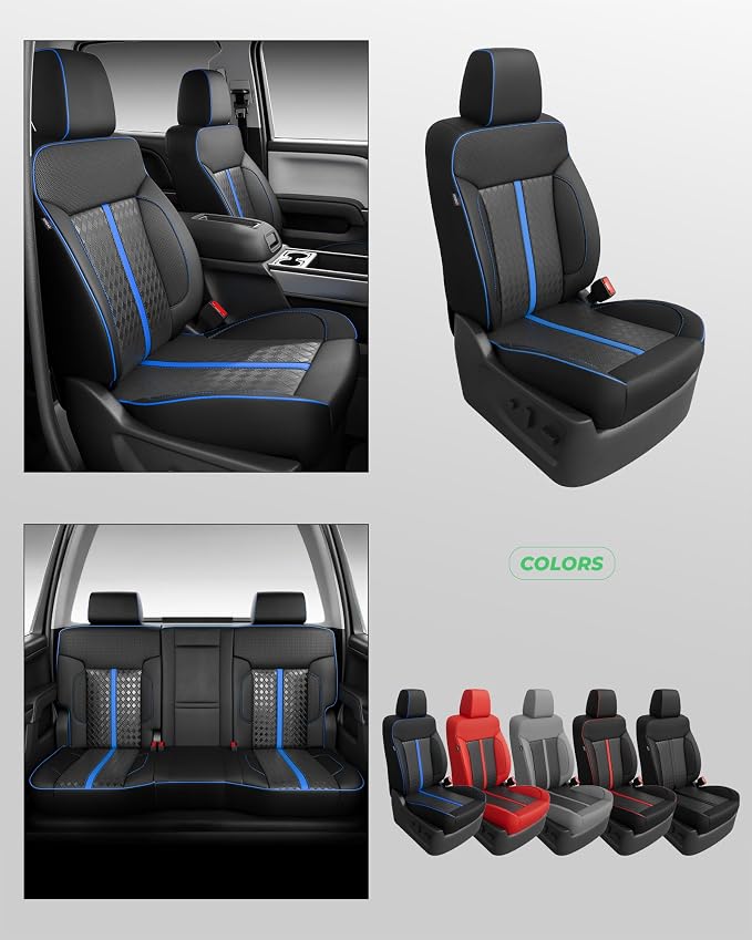 Custom Leather Seat Covers for 2014-2018 Sierra/Silverado 1500 | Only Crew Cab, Fits 2500/3500HD 2015-2020, no Rear Armrest/Seatback Storage, Waterproof, Scratch-resistant, Easy-clean