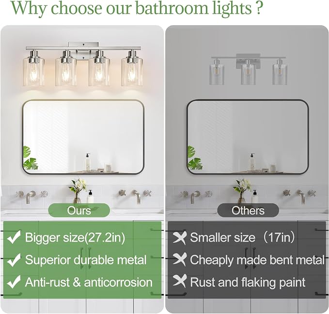 MOKATNG 4-Light Bathroom Light Fixtures, Vanity Light with Clear Glass Shades, Brushed Nickel Bathroom Light Fixtures Over Mirror, Modern Bathroom Wall Lamp for Mirror Living Room Cabinet Bedroom