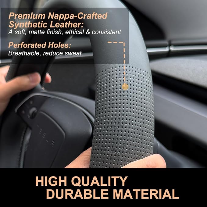 PINCTROT Nappa Leather Steering Wheel Cover for Tesla Model Y/3 Highland/Juniper, D Shaped 14 Inch Small Sized with Breathable Perforation, Fit Like Gloves, Flat Bottom 14 Inch(Nappa Dark Gray)