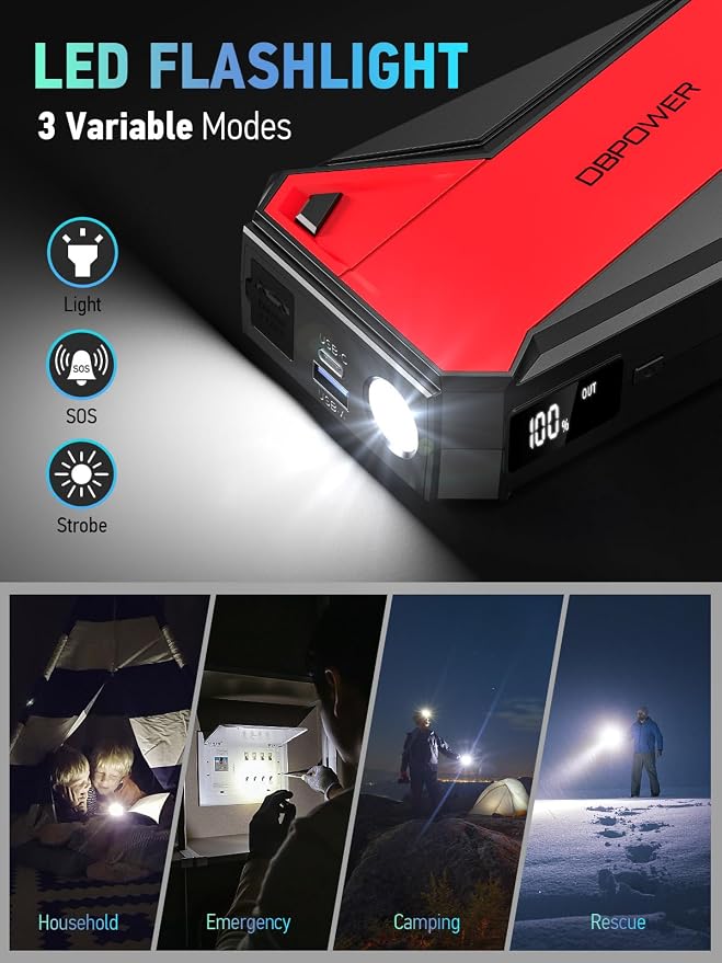 DBPOWER Peak 3000A 18000mAh Portable Car Jump Starter (up to 8.0L Gas, 6.0L Diesel Engine) Battery Booster with Smart Charging Port, Compass, LCD Screen and LED Light (Black/Red)