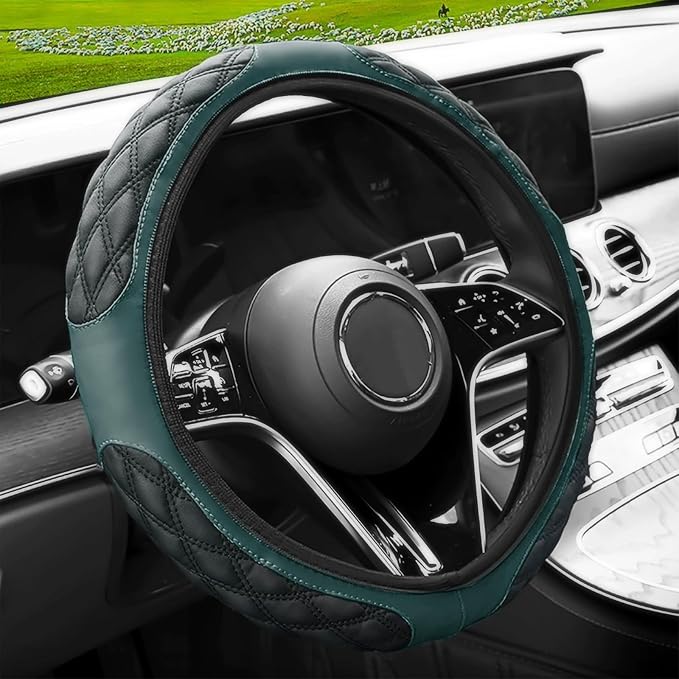 15 Inch Leather Steering Wheel Cover, Automotive Accessories Breathable Anti-Slip Elastic Soft Wheel Protector, Fit for Most SUVs Trucks and RVs (Dark Green)