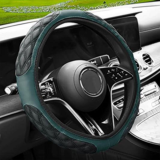 15 Inch Leather Steering Wheel Cover, Automotive Accessories Breathable Anti-Slip Elastic Soft Wheel Protector, Fit for Most SUVs Trucks and RVs (Dark Green)