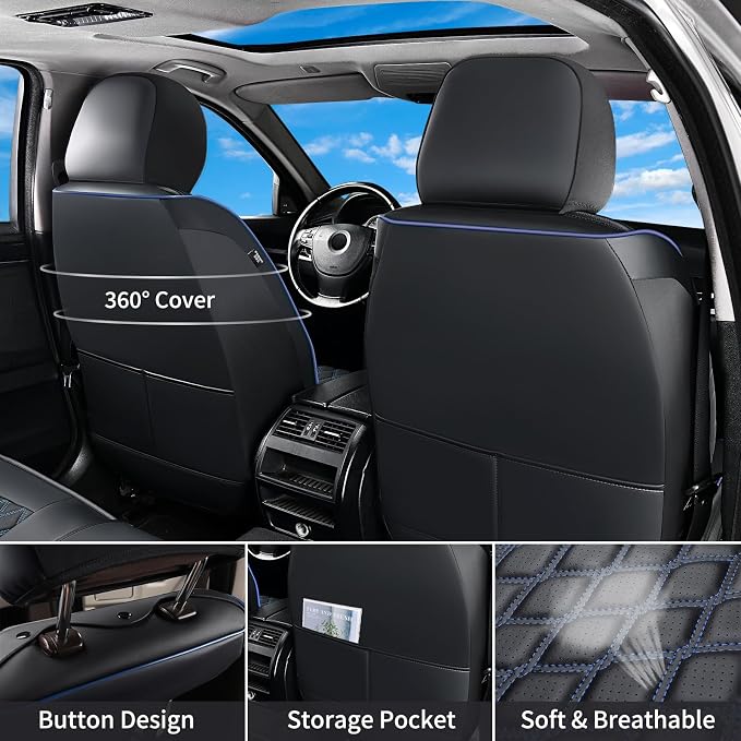 Huidasource Silverado Seat Cover, Sierra Seat Cover fit for Chevy Silverado/GMC 2014-2018 1500, 2015-2019 2500HD 3500HD Crew Double Extended Cab, Thickened Nappa Leather Truck Seat Covers, Black&Blue