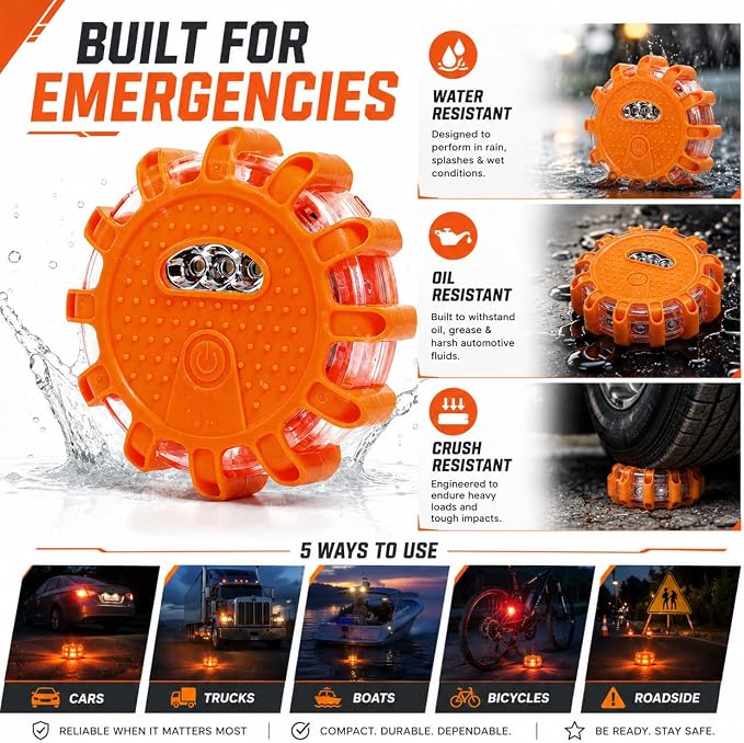 HYUWMXPY 6 Pack LED Road Flares, Emergency Warning Lights with 9 Flash Modes, Magnetic Base and Hook, Waterproof Crush-Resistant Safety Beacons for Car Truck Boat, Batteries Not Included