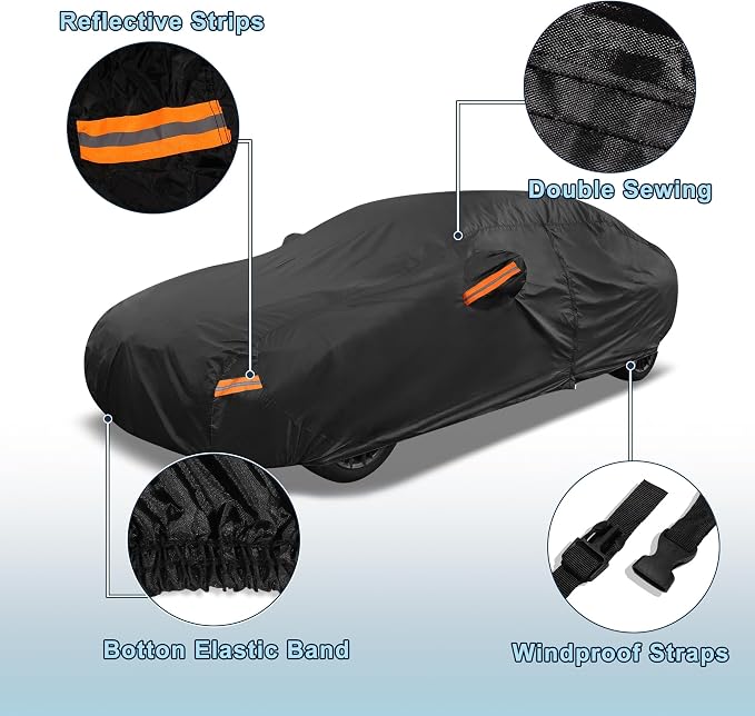 Black Heavy Duty Waterproof Car Cover for Sedan 201"-207" - All-Weather UV Protected Outdoor Full Exterior Cover with Sun/Snow/Rain Resistance