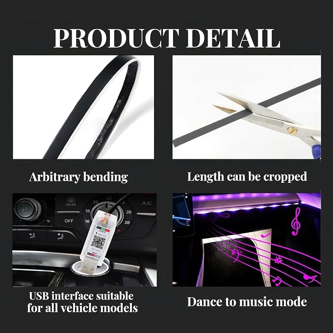 Interior Car Ambient Lighting Neon Kit for Center Console Dashboard Gap | 43.3 Inches, High Bright, RGB LED Ultrathin Acrylic Strip Lights, APP & Remote Control, USB interface, Music Sync, Universal