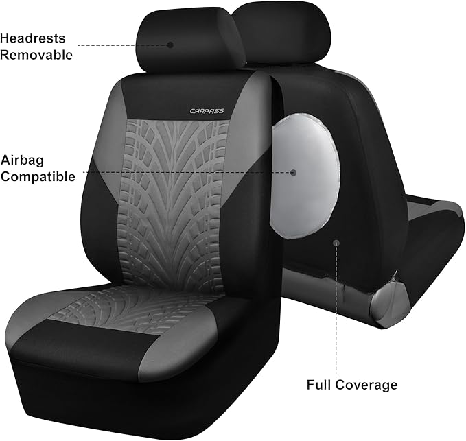 CAR PASS Car Seat Covers Two Front Only for Car, 3D Tyre Print Automotive Interior Covers, Airbag Compatible, Quick Setup Universal Fit Seat Covers for Car, Truck, SUV(Black Gray)