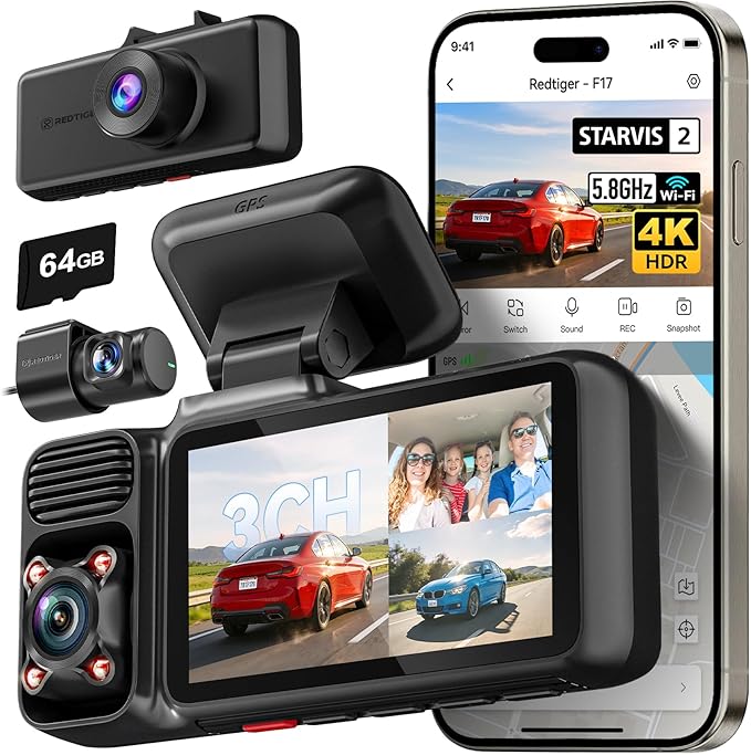 REDTIGER F17 4K 3CH Dash Cam, STARVIS 2 IMX675 HDR, 64GB Card, 5.8GHz WiFi | 2160P+1080P*2 Front Inside and Rear, 4 IR Night Vision, G-Sensor, GPS Tracking, Exclusive App, WDR Car Camera, Parking Mode
