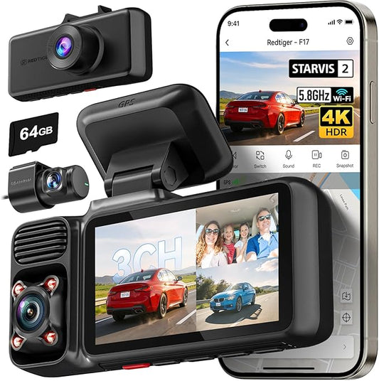 REDTIGER F17 4K 3CH Dash Cam, STARVIS 2 IMX675 HDR, 64GB Card, 5.8GHz WiFi | 2160P+1080P*2 Front Inside and Rear, 4 IR Night Vision, G-Sensor, GPS Tracking, Exclusive App, WDR Car Camera, Parking Mode