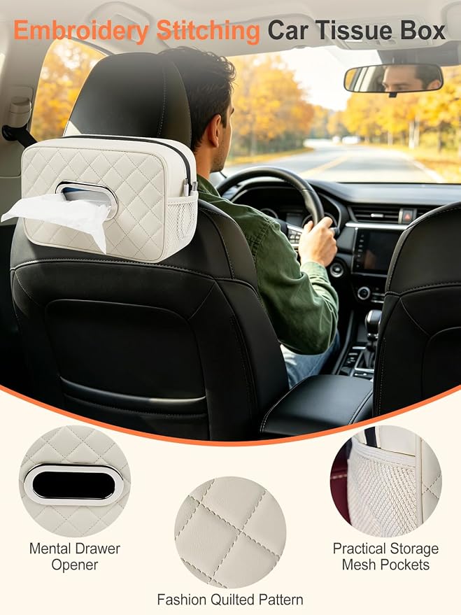 Car Tissue Holder, Diamond-quilted Stitching Tissue Box Cover with 2 Mesh Storage Pockets, PU Leather Rectangle Napkin Organizer Fit for 90-160 Regular Size Tissues,Beige