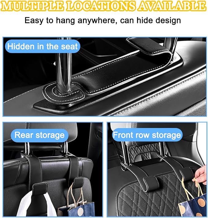 2PCS Car Seat Headrest Hook, Leather Vehicle Seatback Organizer Hanger for Hanging Purse Bag Coat, Auto Seat Back Storage Hook Accessories, Universal for SUV, Sedan, Truck (Carbon Fiber Black)
