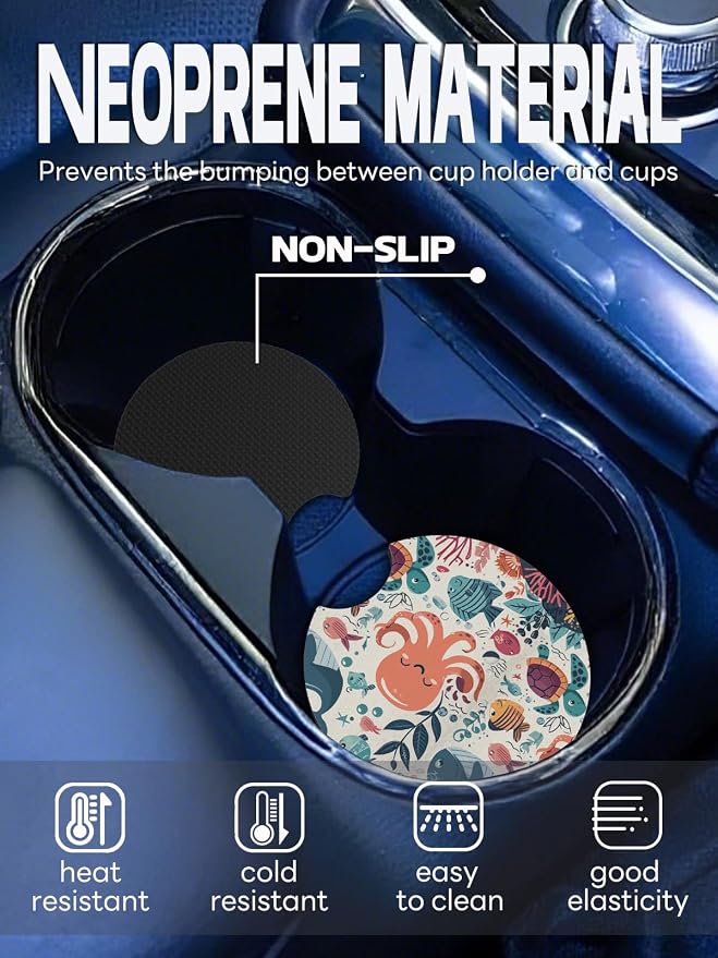 WOCOCN Car Coasters,Cup Holder Coasters for Car,2.75inch Anti Slip and Absorbent,Cute Automotive Interior Accessories for Cup Holder,Pack of 2 (Octopus)
