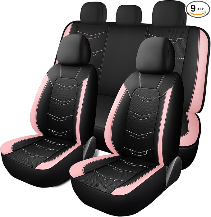 HChengkikz Car Seat Cover, Breathable and Sporty (Black + Pink) | Leather, Universal Fit for Most SUVs, Cars, Sedans, Trucks, Airbag Compatible, Easy to Install