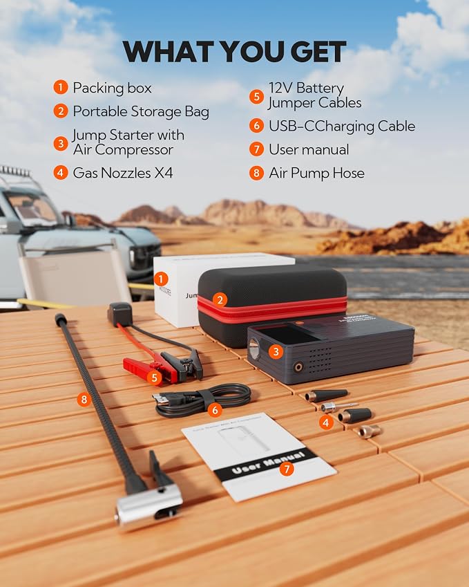 Car Battery Jump Starter with Air Compressor, Battery Jump Box with Tire Inflator,Jump Booster with Smart Jumper Cables,LED Light Emergency Car Kits for Vehicles,Arrancador Ae Batería