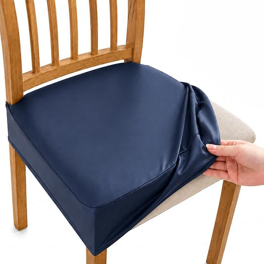 NILUOH Waterproof Seat Covers for Dining Room Chairs Set of 6, Pu Leather Chair Seat Slipcovers Dining Chair Cover Removable Washable Chair Protctor Cover, Rear Covers (PU-Navy)