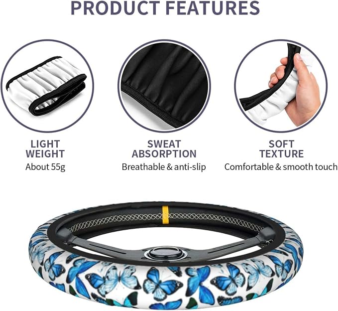 Blue Butterfly Steering Wheel Cover For Women Men Girls, Universal 15 Inch Anti Slip Steering Wheel Protector Car Accessories Interior For Auto Truck Suv