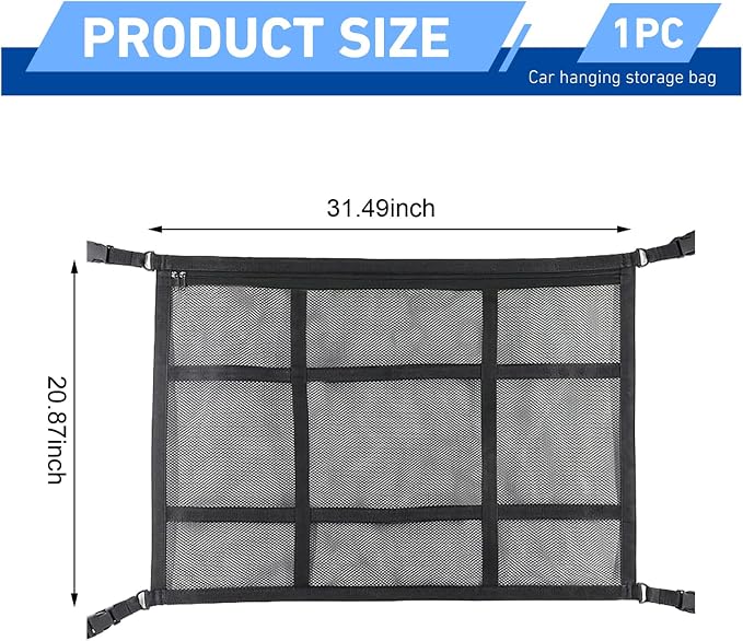 Car Ceiling Cargo Net, 20.87" x 31.49" Snap-on Roof Cargo & Trunk Organizer, Zip Seal Car Roof Storage Net for Road Trips, Universal for Most Cars, SUVs, Trucks (Black)