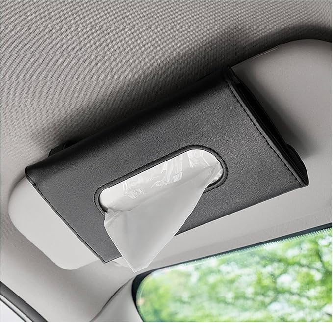 Car Visor Tissue Holder, Leather Auto Paper Towel Case Sun Visor Napkin Dispenser with 1 Pack Tissues, Rectangular Backseat Paper Towel Storage Holder for Most Vehicles (Black)