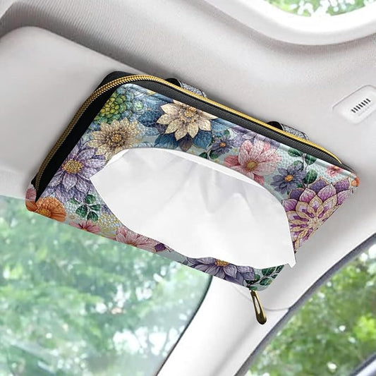 Boho Flower Automotive Visor Tissue Holder PU Leather Tissues Box Cover for Car Tissue Box for Sun Visor & Back Seat