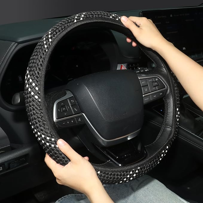 KAFEEK Elastic Mesh Car Steering Wheel Cover, Cute Black White, 15 Inch | Cooling Breathable Fabric, Non Slip Protector for Women Men, Summer Winter, Universal Fit