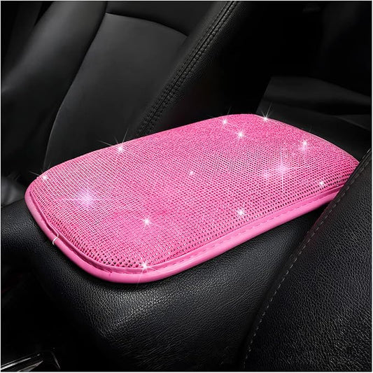 Bling Center Console Cover, Diamond Fashion ArmRest Pad, Crystal Soft Arm Rest Protective Cushion, Car Accessories for Women Girls, 11.8"×8.5" for Most of Vehicles, SUVs, Trucks (Rose Red)