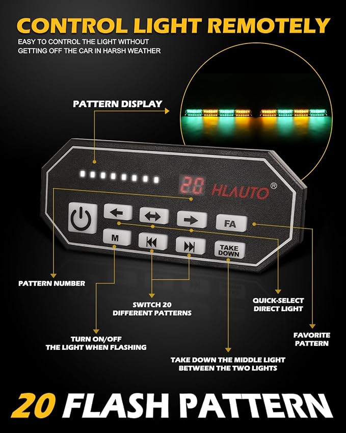 HLauto 604N Emergency Dash Strobe Lights: 2x16.8 inch Green Amber Security Light w/Take Down, 48 LED Safety Flashing Warning Hazard Interior Windshield Light Bar for Trucks Vehicles