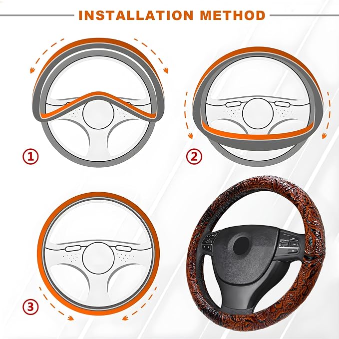 Leather Car Steering Wheel Cover, 15 Inch Anti-Slip Crocodile Pattern Steering Wheel Wrap with Rose Grain, Comfortable Grip Wheels Protector for Cars SUVs Trucks, Car Accessories (Brown)