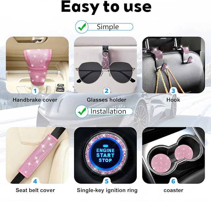 8PCS Bling Car Accessories Set, Sparkly Rhinestone Vehicle Steering Wheel Seat Belt Gear Shift Start Stop Button Cover, Diamond Auto Cup Holder Coaster Decoration, Universal Fit (All Pink)