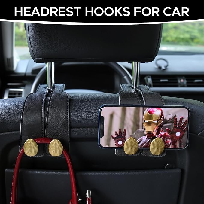 Leather Car Purse Hook for Headrest, 4 Pack (Black-Gold) | Twin Hooks Headrest Hangers, 2/4 Pack, No-Slip, Scratch-Proof, Holds Purses, Backpacks, Grocery Bags, Car Organizer Gift