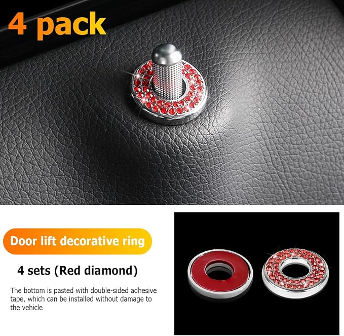 Osilly 4 Pcs Bling Car Inner Door Lock Covers, Crystal Pull Rod Bolt Stickers, Sparkly Rhinestones Auto Door Bolt Decorations, Vehicle Lock Pin Cap Decors for C Class C200L GLC260 C260L (Red)