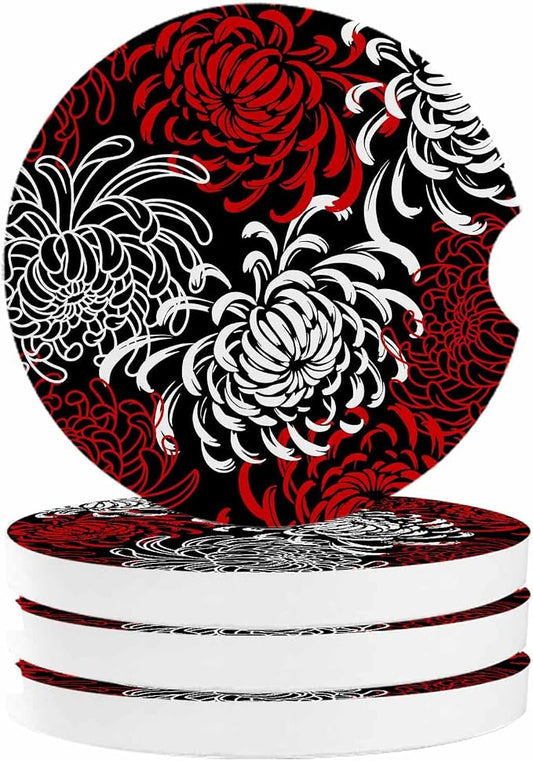 Small Car Coasters for Cup Holders 2.65" Absorbent 4 Pack Car Coaster Ceramic Stone for Drinks Absorb Water Drops Abstract Floral Red Black and White Dahlia