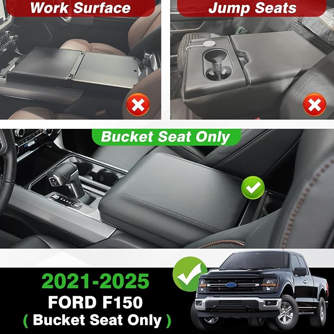 Muslogy Center Console Armrest Cover Fit for Ford F150 2021-2025 2026 Accessories, Comfort Armrest Pad Console Lid Cushion Vegan Leather Regular Thick(Bucket Seat ONLY)