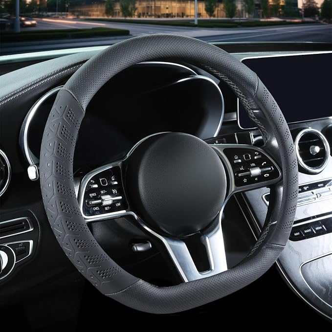 3D Soft 15 inch Leather D Shape Steering Wheel Cover Black | Breathable Anti-Slip Premium Skin-Feel Perforated Thin Nappa Leather, Universal 14.5 inch to 15 inch
