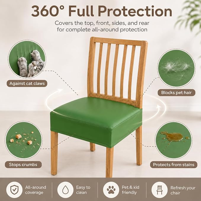 NILUOH Waterproof Seat Covers for Dining Room Chairs Set of 4, Pu Leather Chair Seat Slipcovers Dining Chair Cover Removable Washable Chair Protctor Cover, Rear Covers (PU-Grass Green)