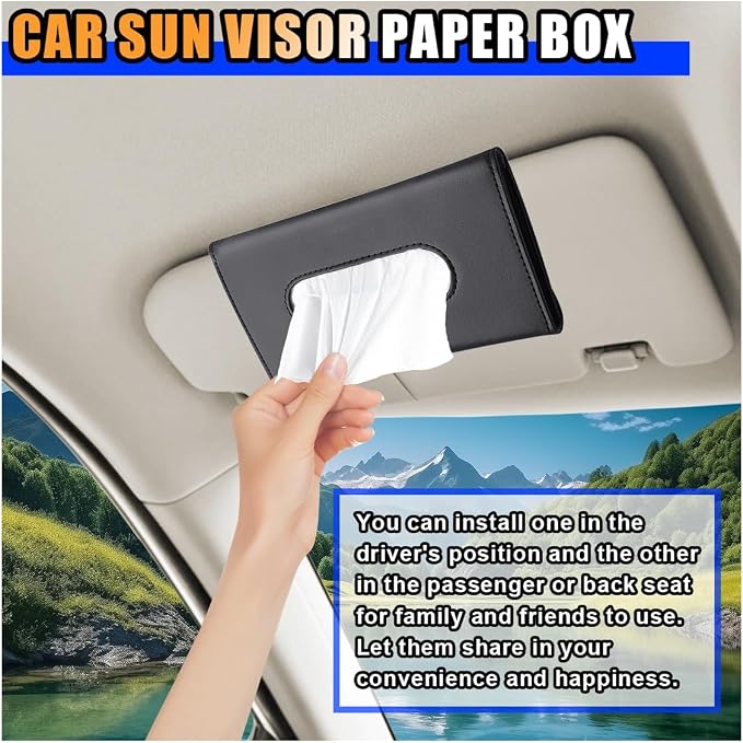 2PCS Leather Sun Visor Tissue Holder, Napkin Dispenser, Mask Holder with Refill - Universal Car Accessory (Black)