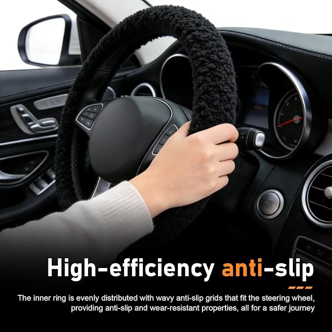 Fuzzy Warm Steering Wheel Cover for Winter, Soft Faux Lamb Fleece with Anti-Slip Inner Ring, 14.96" Inner Diameter Cozy Protective Driving Cover, Universal for Most Cars (Black)