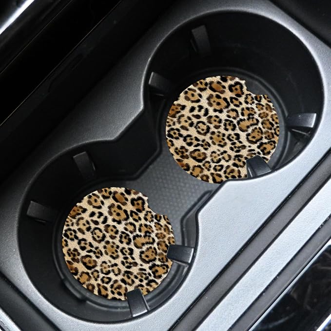 2pcs Cute Leopard Print Car Coasters,Absorbent Universal neoprener Cup Holder Coasters with a Finger Notch,Car Accessories for Women&Man Interior，2.75" 1