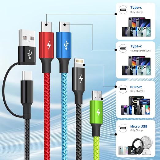 4 in 2 Multi Charging Cable, 3 Pack 5FT Charging Cord for Multiple Devices | USB C Charging Cable with Dual Type-C, IP & Micro Ports, Nylon Braided Multi Device Charger Cord for Travel and Car