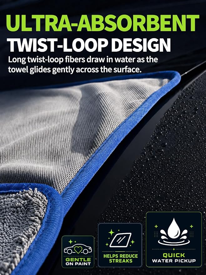 SHSCLY 2-Pack XL Twist-Loop Microfiber Car Drying Towels, Gray, 29 x 33 in | Absorbent, Full-Vehicle Drying, Easy Control When Wet, Gentle on Paint & Coatings, Lint-Free, Auto Detailing, SUVs & Trucks