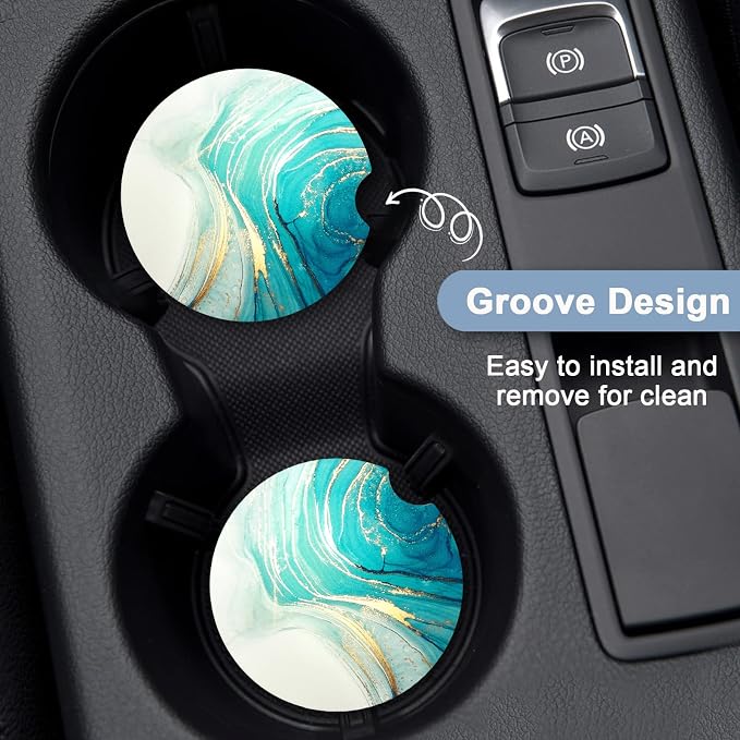 Nipichsha Car Coasters for Cup Holders, 2 Pack Absorbent Ceramic Car Cup Holder Coaster for Drinks, Cute Auto Assecories for Women Men, Size 2.56 in with Finger Notch & Cork Base, Gold Teal Ocean