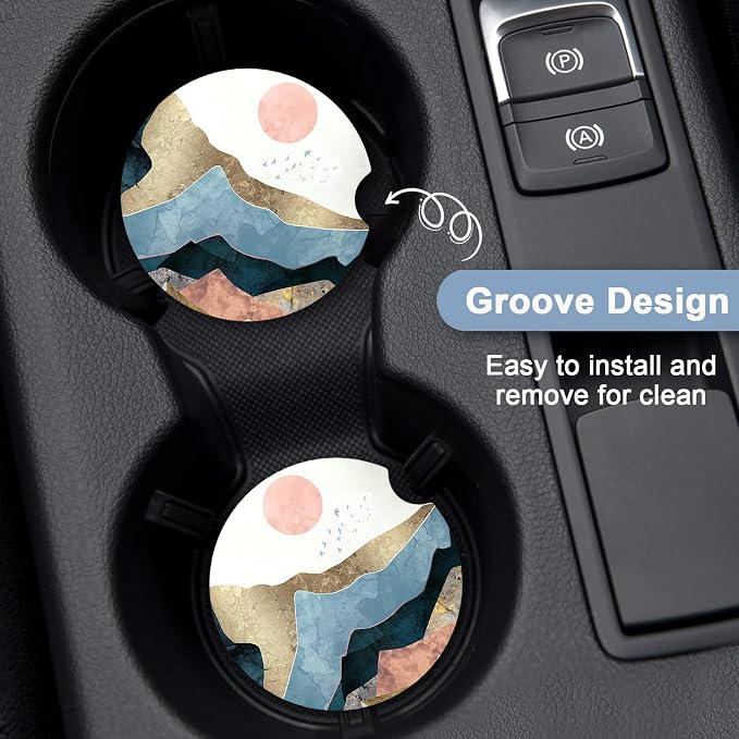Nipichsha Car Coasters for Cup Holders, 2 Pack Absorbent Ceramic Car Cup Holder Coaster for Drinks, Cute Auto Assecories for Women Men, Size 2.56 in with Finger Notch & Cork Base, Watercolor Sunrise