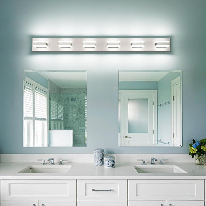 SOLFART LED Modern Bathroom Vanity Lights Over Mirror Fixture Brushed Nickel Vanity Light 6 Light LED Nickel Wall Light ETL Listed