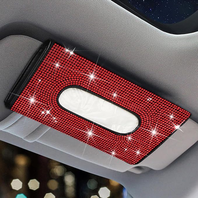 Bling Car Sun Visor Tissue Box Holder, Leather Automotive Napkin Box Holder Organizer with Crystal Rhinestone, Sparkling Vehicles Sun Visor Paper Towel Cover Case, Universal Fit (Red)