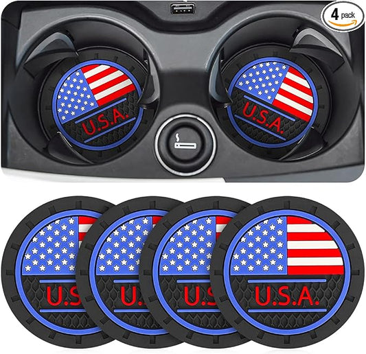 AUCELI 4 Pack Car Cup Holder Coasters, Colored American Flag US Flag Insert Car Cup Coaster, 2.75 Inch Anti Slip Shockproof Embedded Drink Mat, Vehicle Interior Decor Accessories