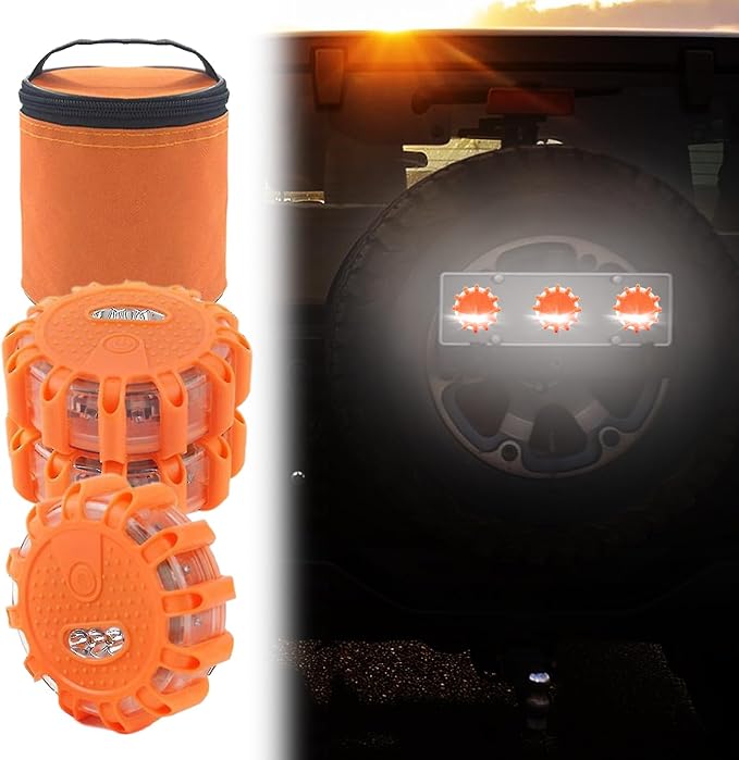 LED Road Flares - 3 Pack Magnetic Caution Lights, Waterproof Flash Beacon with 9 Modes, Roadside Safety, Warning, Durable LED Signal Lights for Cars, Trucks, Construction Zones, Traffic Acci