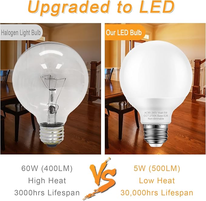 8 Pack Warm White Bathroom Light Bulbs, 60 watt Equivalent, E26 Medium Base, G25 LED Globe Light Bulbs for Bathroom Vanity, 2700K Round Light Bulb Over Mirror, 120V, Non-dimmable